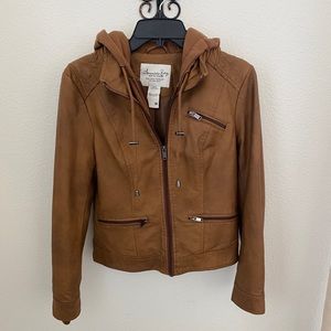 Brown Faux Leather Hooded Jacket